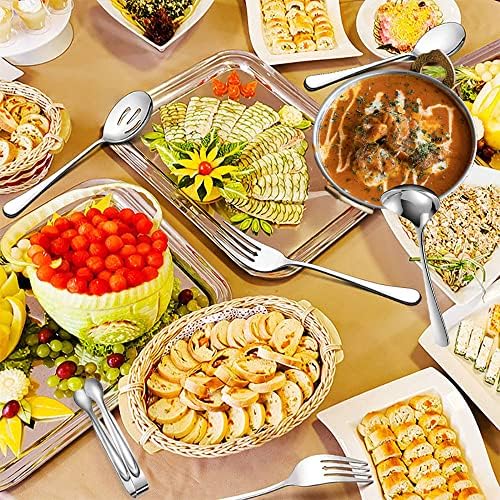 6 PCS Stainless Steel Serving Utensils, Large Serving Spoons Slotted Spoons, Forks, Ice Suger Tongs, Cake Server, Soup Ladle, Metal Utensils Set Great for Buffet Catering Banquet Party, Silver