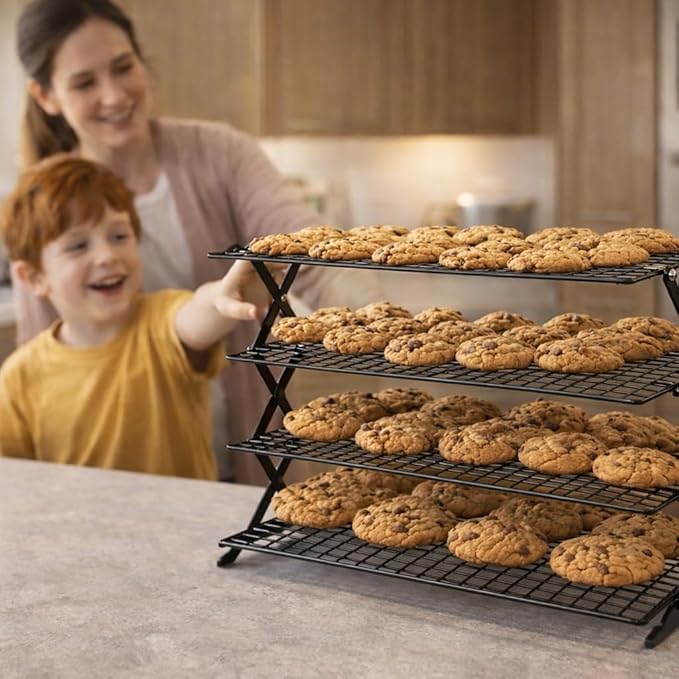 4 Tier Collapsible Cooling Rack, Adjustable Stackable Wire Cooling Racks for Baking, Tight-Grid Cookie Cooling Rack, Space-Saving Baking Rack for Small Kitchen, Camping & BBQ