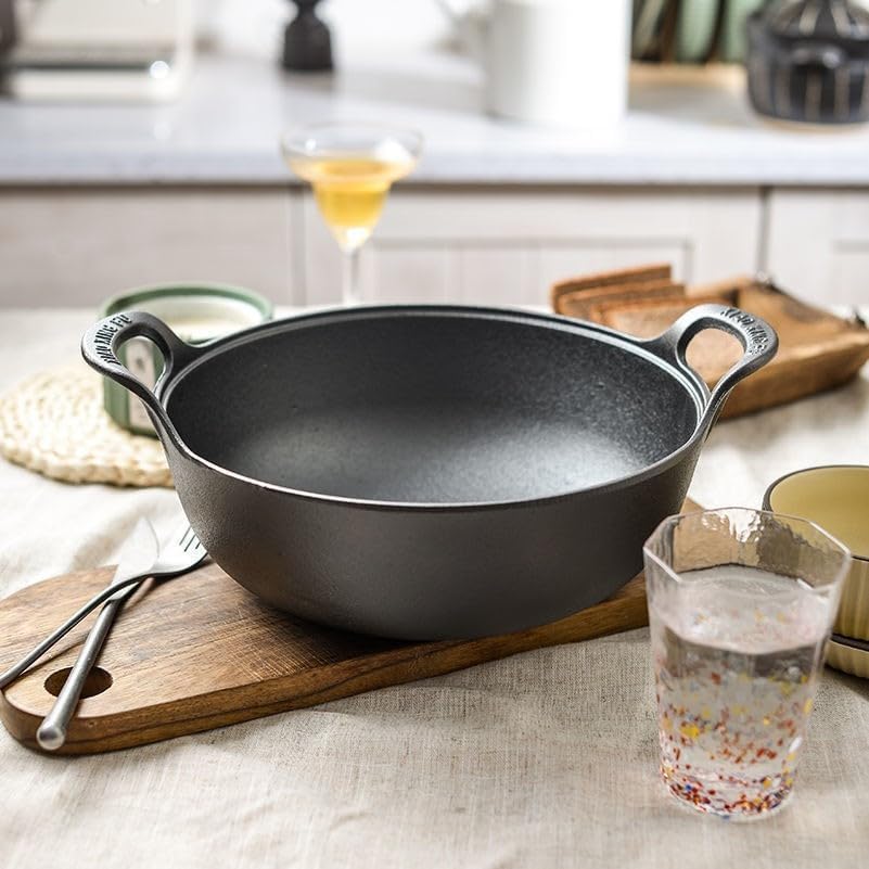 Cast Iron Wok with Dual Handle, Pre-Seasoned Stir-Fry Pans (Wok with Lid 11 inch)
