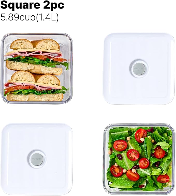 VAKUEN Premium Airtight Food Storage Containers, Square 2PC/Set(1.48qt/1.5Lx2pcs), Smart One-Click Seal Lid, No Hinges, 100% Leak Proof, BPA-FREE, Dishwasher, Freezer & Microwave Safe