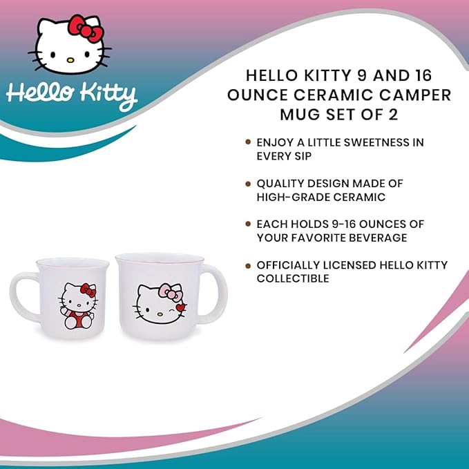 Toynk Sanrio Hello Kitty Ceramic Camper Mugs, Set of 2 | BPA-Free Travel Coffee Cup For Espresso, Caffeine, Cocoa, Drink Beverages | Home & Kitchen Essentials | Kawaii Cute Gifts and Collectibles