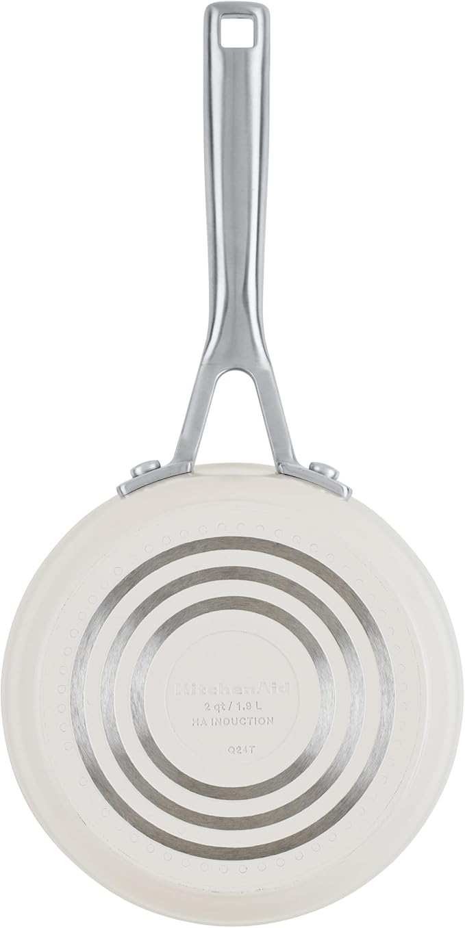 KitchenAid Hard Anodized Ceramic Induction Nonstick Cookware Saucepan with Lid, Dishwasher Safe, 2 Quart Non Stick Sauce Pan with Stainless Steel Handle - Porcelain White