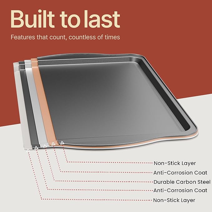 Bakken Swiss Cookie Sheet 3 Piece Set - Non-Stick, Stackable Baking Pans, Gray Deluxe Ceramic Coating – Dishwasher Safe - for Home Baking