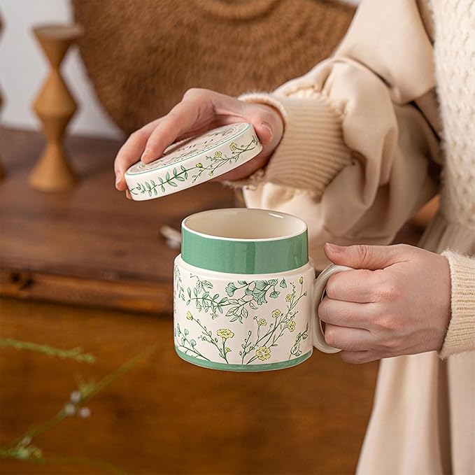 12.9oz Ceramic Coffee Mug with Lid,Flower Patterned Porcelain Mug,Ceramic Tea Cup Coffee Latte Mug for Office and Home,Green,1 Piece
