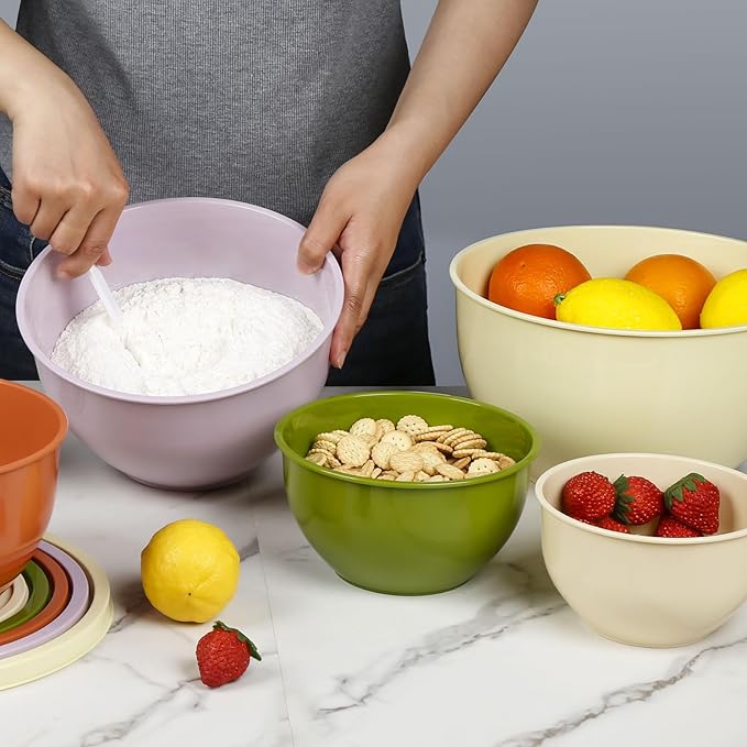 Plastic Mixing Bowls with Lids Set for Kitchen, Nesting Bowls for Mixing, Baking, Prepping, Cooking and Serving Food, Mixing Bowls Dishwasher, Microwave Safe (Yellow green)
