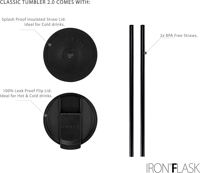 IRON °FLASK Classic Tumbler - Vacuum Insulated Stainless Steel Water Bottle, Double Walled, Drinking Cup, Insulated Travel Mug (Midnight Black, 32 oz Solid Lid)