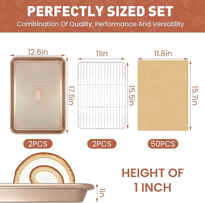 Baking Set, 2 Piece 17'' Baking Sheet Set & 2 Piece Rack & 50 Piece Parchment Paper Combo, Non-Stick Cookie Sheet with Food Cooling Rack, Heavy Duty & Warp Resistant, No Rust Large Baking Pan