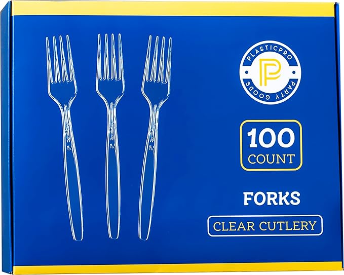 Plasticpro Disposable Clear Plastic Cutlery Disposable utensils Heavyweight 100 Count (Forks)