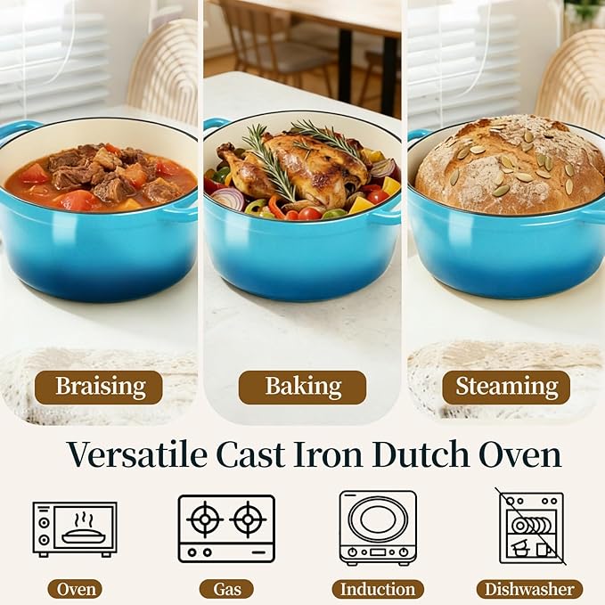 Enameled Cast Iron Dutch Oven with Lid -6.5 QT, incl. Sourdough Bread-Baking Supplies like Banneton Proofing Basket, Heavy Duty Cookware Bread-Oven for Baking, Stews, and Roasting, Sea Blue