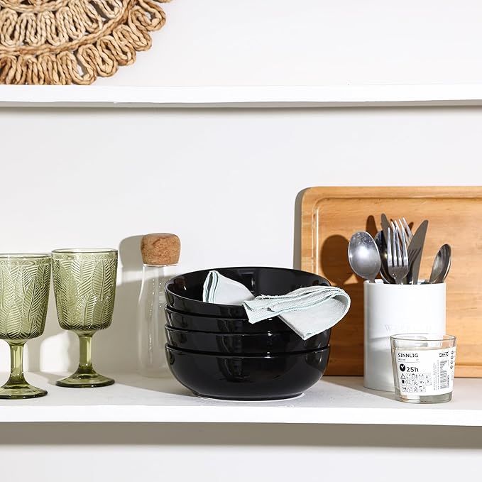 Selamica Ceramic Pasta Bowls Set of 4, Large Salad Bowl, Black