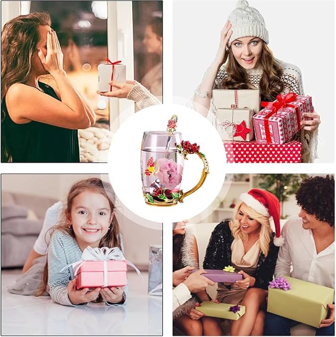 Birthday Gifts For Women,Enamel Butterfly Flower Glass Tea Cup Rose Red Coffee Mug,Cute Gifts For Mom Grandma Women Wife Female Friend on Mothers day Anniversary Christmas Valentines