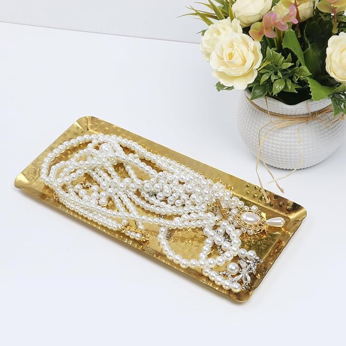 Antrader Hammered Rectangular Platter Serving Tray,Stainless Steel Decorative Storage Tray,Gold (10-Inch by 4-Inch),2Pcs