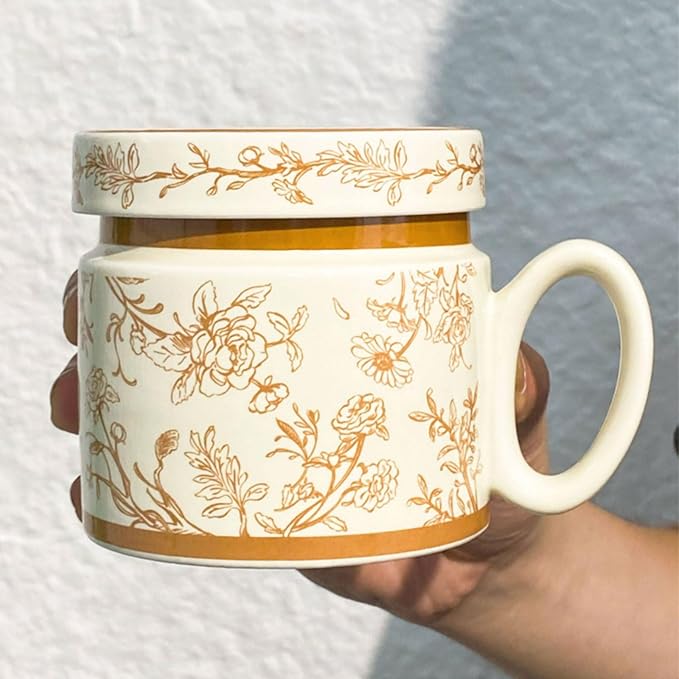 12.9oz Ceramic Coffee Mug with Lid,Flower Patterned Porcelain Mug,Ceramic Tea Cup Coffee Latte Mug for Office and Home,Brown,1 Piece