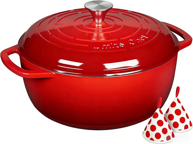 Umite Chef 6QT Enameled Cast Iron Dutch Oven with Lid, Versatile Heavy-Duty Cookware Pot for Baking Bread, Braising, Soups & Stews, Oven & Stovetop Safe with Heat Resistant Gloves(Red)