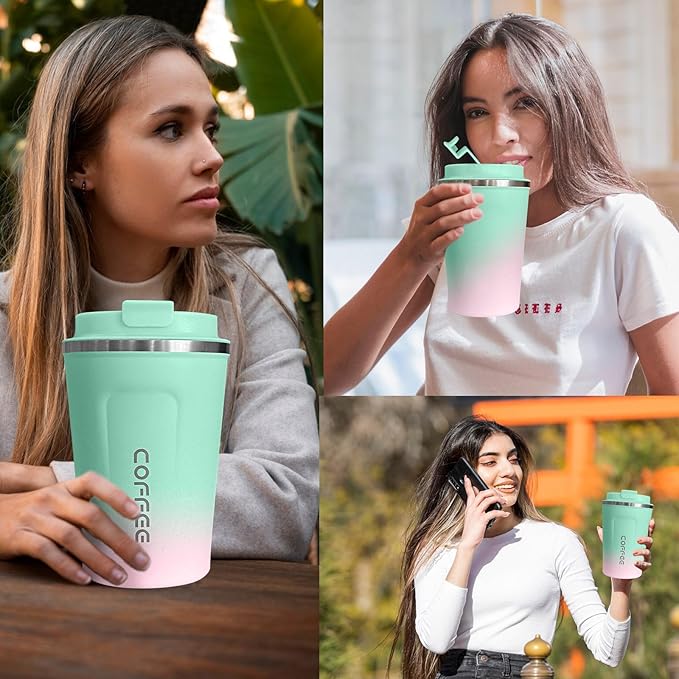 Travel Coffee Mug Leak-Proof, Reusable Coffee Cups with Lids, Stainless Steel Vacuum Insulated Coffee Tumblers, Thermal Insulation Cup for Men and Women Hot & Cold Drinks(2nd-Green Pink, 12OZ)