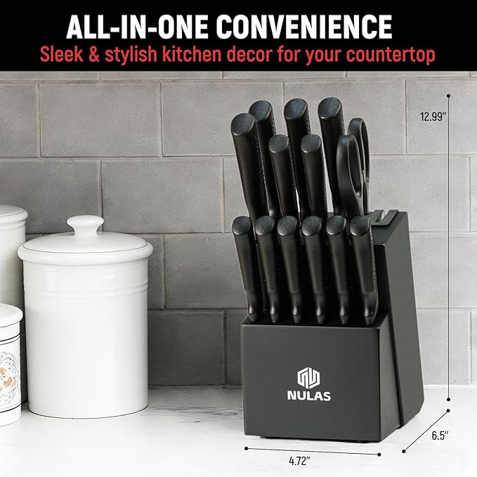 Knife Set, 15-Piece Kitchen Knife Set with Block and Built-in Sharpener, Dishwasher Safe, Non-slip Handle, 6 Steak Knives, Black