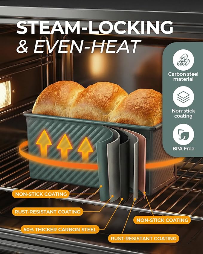 CARTMAN 3-Piece Pullman Loaf Pan with Lid Set – Non-Stick Carbon Steel Bread Pan with Bottom Vents – Includes Large (12.4"), Medium (8.2") & Mini (6.3") Sizes plus Silicone Tools – Sage Green