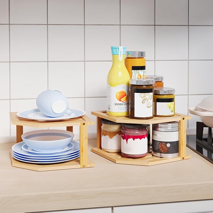 Bamboo Corner Shelf,2 Tier Plate Organizer for Cabinet and Countertop,Pantry Dish and Spice Rack for Kitchen