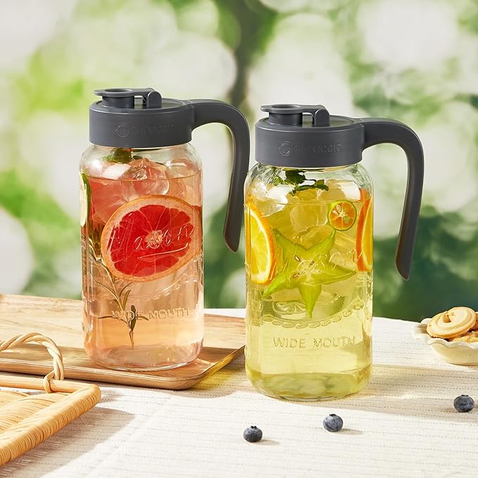 64 oz Mason Jar Pitcher with Lid - Wide Mouth, 2 Quart Glass Water Pitcher with Lid - Heavy Duty, Leak Proof - Sun & Iced Tea, Cold Brew Coffee, Lemonade, Breast Milk Storage