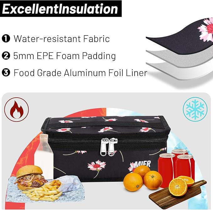 MIER Small Lunch Bag for Kids & Adults Compact Insulated Lunch Box Portable Thermal Mini Cooler for Work School Travel (Black Floral)