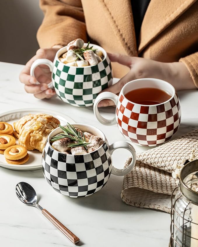 LAUCHUH Porcelain Coffee Mugs - 18 Ounce Large Mug Set of 6 Coffee Cups with Handle for Mother's Day, Tea Latte Cappuccino Milk Cocoa, Dishwasher & Microwave Safe, Brown and White