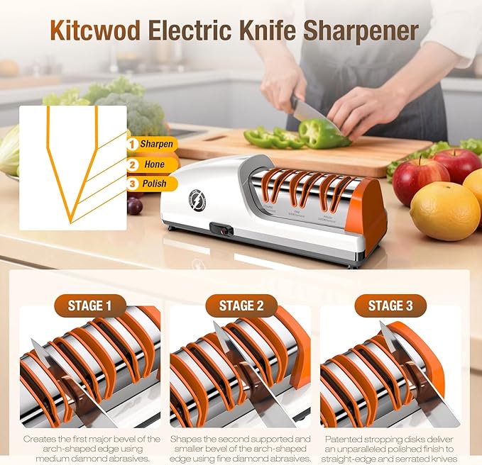 Replaceable Sharpener Electric Knife Sharpener, 3-Stage with 100% Diamond Abrasives & Precision Angle Guides, Kitchen Knife Sharpener with Sharpening and Polishing Function