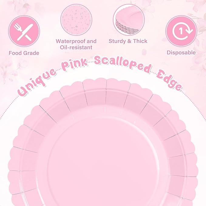 30 Pcs Pink Plates, 9 Inch Pink Scalloped Dessert Plates Disposable Dinner Paper Plates Cake Party Plates for Easter Party, Baby Shower, Wedding, Bridal Shower, Birthday Party, Mother's Day