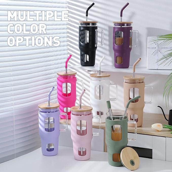 Glass Tumbler with Lid, 32 oz Glass Cup with Handle, Glass Water Bottles with Time Marker, 2 Straws - Pearl Straw & Silicone Protective Sleeve - Amber