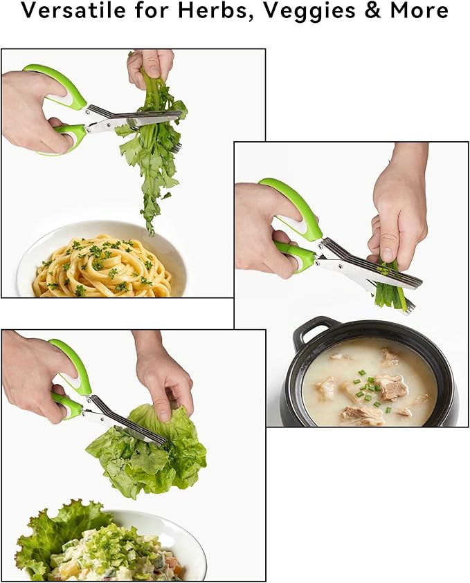 5 Blades Herb Scissors - Professional Kitchen Shears with Safety Cover for Cutting Green Onions, Fresh Herbs, Vegetables & Salad Food Prep, Must-Have Cooking Gadgets, Dishwasher Safe