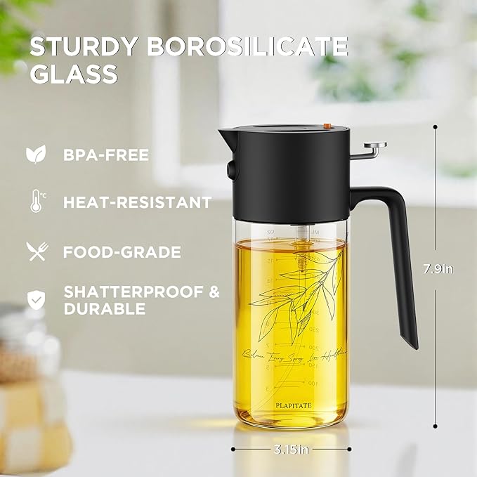 2Pcs 17oz Premium Olive Oil Sprayer for Cooking, 2 in 1 Glass Olive Oil Dispenser Bottle for Kitchen Gadgets, Spray Bottle with Portion Control for Salad, Frying, BBQ (2 Black)