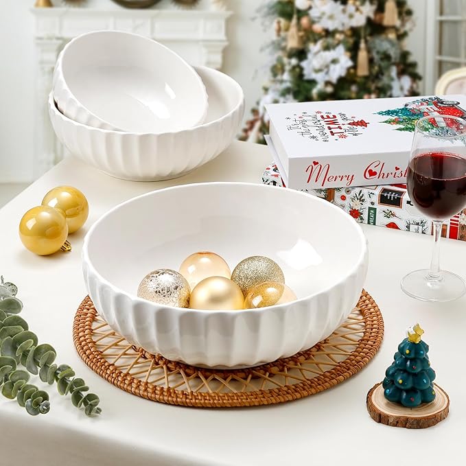 NUTRIUPS Extra Large Serving Bowls, 155/84/50 oz Nesting Ceramic Salad Bowl for Entertaining Party, 12/10/8 in White Bowl