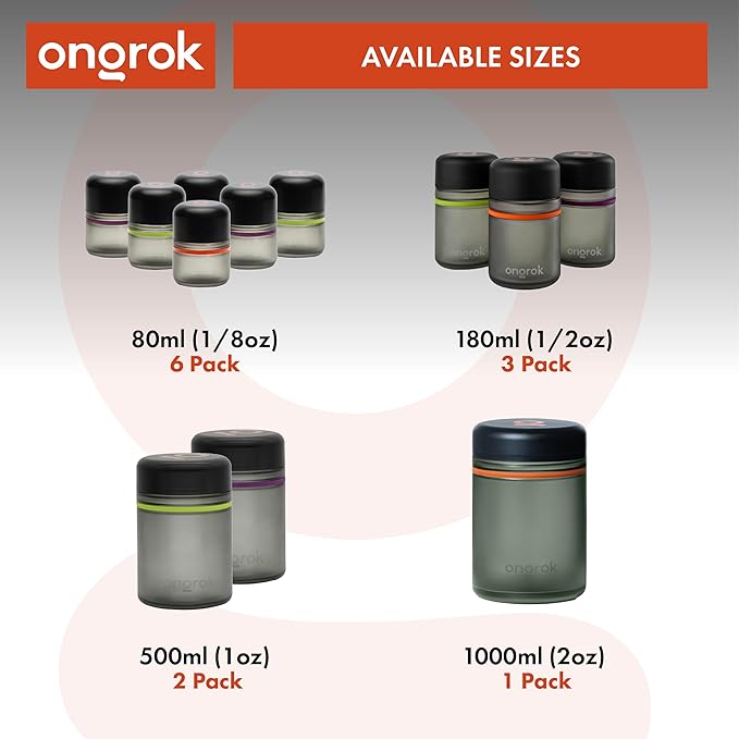 ONGROK Glass Storage Jar, 80ml, 6 Pack | UV Herb/Spice Jar with Child‑Resistant Lid, Color‑Coded Glass Containers to Preserve Smell and Aroma