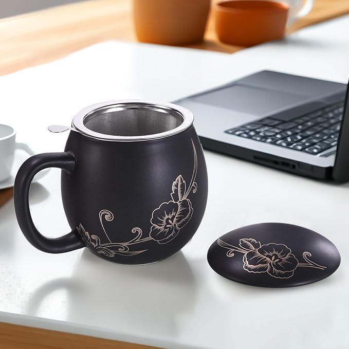 Yundu 12 OZ Ceramic Mug with Lid & Tea Strainer - Matte Black Tea Cup with Golden Flower, Stainless Steel Infuser for Loose Leaf Tea