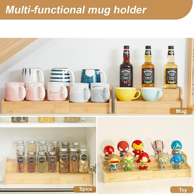 2-Tier Expandable Bamboo Coffee Mug Holder, Mug Organizer for Kitchen Cabinets, Mug Cup Rack, Multi-Functional Cup Holder Shelf, Coffee Bar Organizer, Home