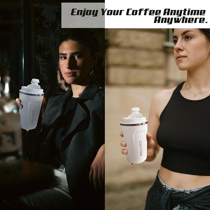 Travel coffee mugs leak-proof, reusable coffee cups with lids, stainless steel vacuum insulated coffee tumblers, thermal insulation cups for men & women keep drinks hot & cold(2nd-White, 12OZ)