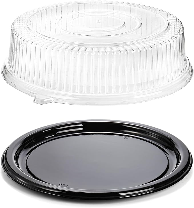 Frcctre 6 Pack 16 inch Plastic Serving Tray with Clear Lid, Heavy Duty Round Large Appetizer Serving Trays Catering Tray Party Platters for Vegetable Catering Picnic