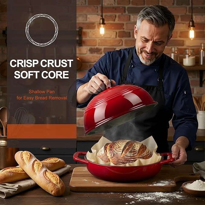 Overmont Enameled Cast Iron Bread Oven - 6QT Bread Dutch Oven for Sourdough Bread Baking - Bread Pot with Dome Lid Cotton Potholders & Cookbook - Multi-Functional Bread Pan For Baking Frying Roasting