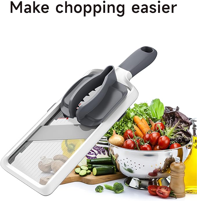 Handheld Mandoline Slicer for Kitchen - Adjustable 3-Thickness Vegetable Slicer (1mm-3mm) with Food Holder - Safe Potato Slicer & Cucumber Cutter for Salad, Easy to Clean (Gray)