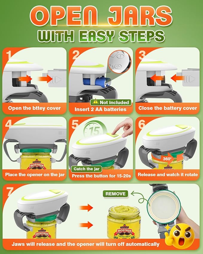 Electric Jar Opener One-Touch High Torque, Hands-Free Jar Opener for Weak Hands & Seniors, Battery Operated Jar Opener Kitchen Tool Fits Most Jar Sizes, White+Green
