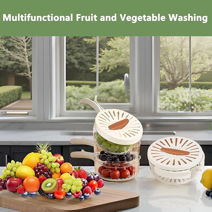 2 in 1 Fruit Vegetable Washing Bowl with Strainer,1 QT Multipurpose Drain Basket with Lid & Foldable Handle,Fruit Strainer Container for Kitchen,Fridge,Picnics,Apartment