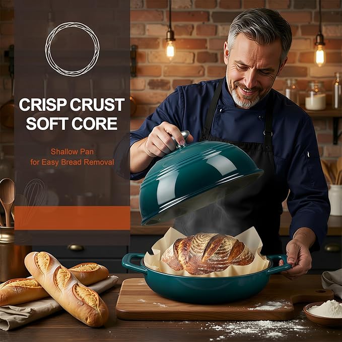 Overmont Enameled Cast Iron Bread Oven - 6QT Bread Dutch Oven for Sourdough Bread Baking - Bread Pot with Dome Lid Cotton Potholders & Cookbook - Multi-Functional Bread Pan For Baking Frying Roasting
