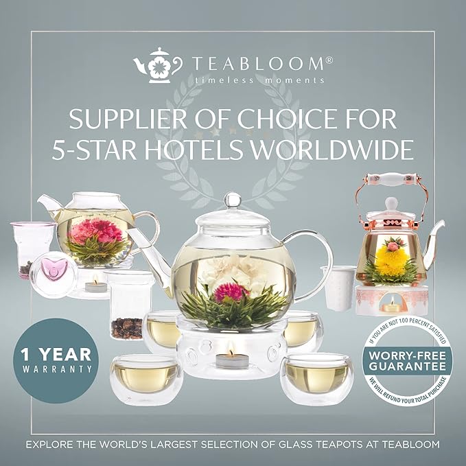 Teabloom All-in-One Glass Teapot and Tea Kettle – Heatproof Borosilicate Glass Tea Maker with Removable Stainless Steel Loose Tea Infuser – Classica Stovetop Tea Pot (40 oz / 1200 ml)