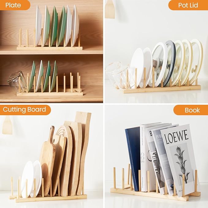 Bamboo Dish Drying Rack-2 PCS Pot Lid Plate Rack Organizer Holder for Cabinet-Cutting Board Organizer for Dish, Pot Lid, Bowl, Cup, Cutting Board