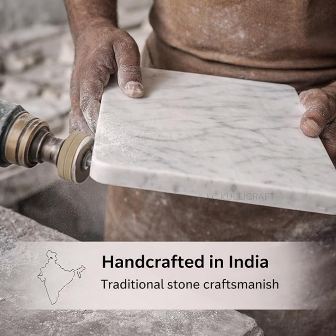 KC KULLICRAFT 8×12 Inches White Marble Cheese & Charcuterie Serving Board – Natural Marble Cutting Board & Pastry Slab with Non‑Slip Feet – Premium Stone Kitchen Tray Gift.