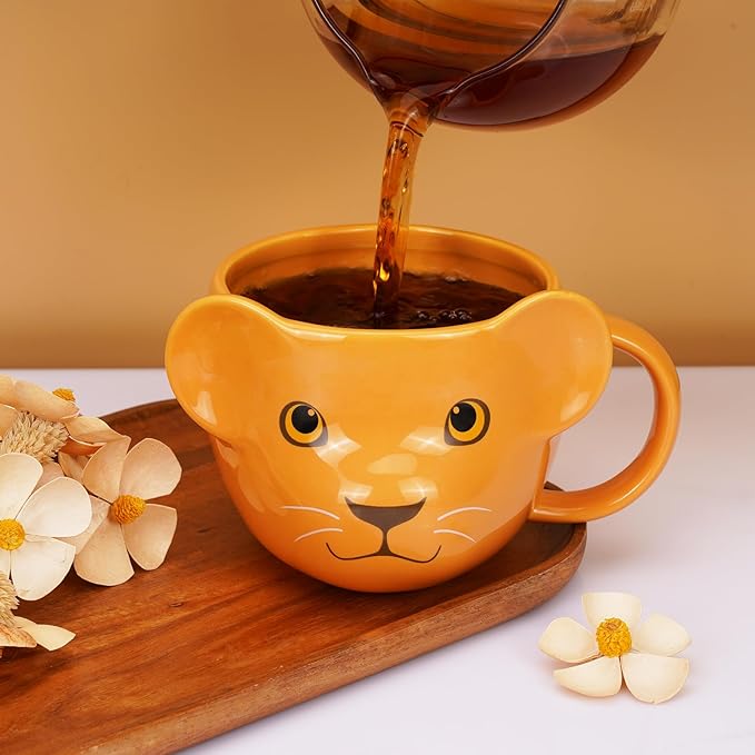 Lion Mug 16 oz Cute Ceramic Coffee Mug 3D Porcelain Tea Cup for Women Kawaii Gifts for Christmas, Housewarming, Holidays, Birthdays, Men, Kids, Friends Yellow