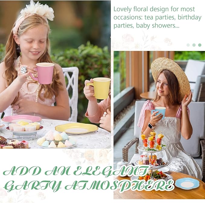 Umigy 60 Sets Pastel Tea Party Decorations 6.5 oz Paper Teacups & Saucer Set for Girls Women Afternoon Tea Parties Mothers Day Bridal Shower Wedding Birthday Party Decorations(Pastel)