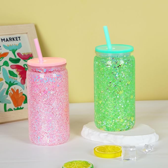 16 oz Plastic Snow Globe Tumbler, 4 Pack Double Wall Snowglobe Tumbler with Pre Drilled Hole, Plastic Mason Jar Cups Can for Snow Globe Glitter DIY ( Mixed Colors )