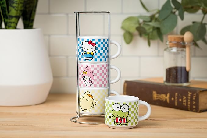 Silver Buffalo Sanrio Hello Kitty and Friends Featuring Keroppi, My Melody, and Pompompurin 4 Pack Ceramic Espresso Cup Set, 3 Ounces