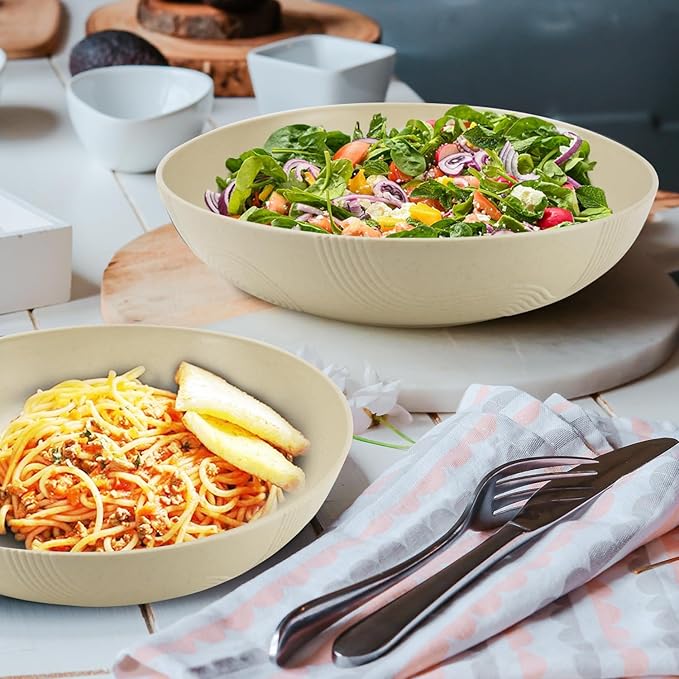 Wrova 10inch Wheat Straw Big Bowls Set of 6 - Large Salad Bowls 65oz set of 6 - Unbreakable Serving Bowls Microwave & Dishwasher Safe for restaurant - Big Plastic Bowls for Cereal,Salad - Beige Series