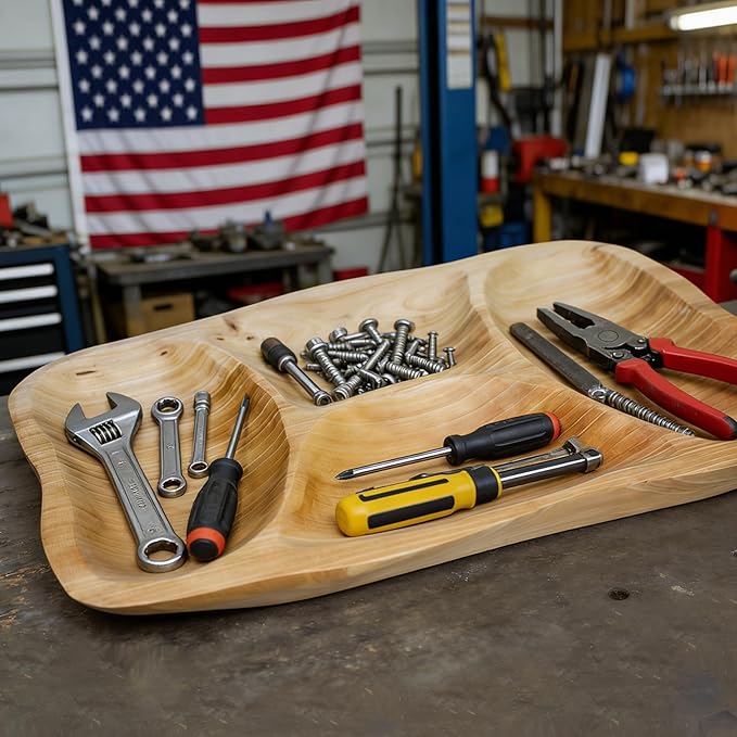 Natural Wood 4-Compartment Divided Fruit Tray, Live Edge Handmade Serving Platter for Snacks, Sandwiches, Appetizers, Unique Hand-Carved Rustic Design